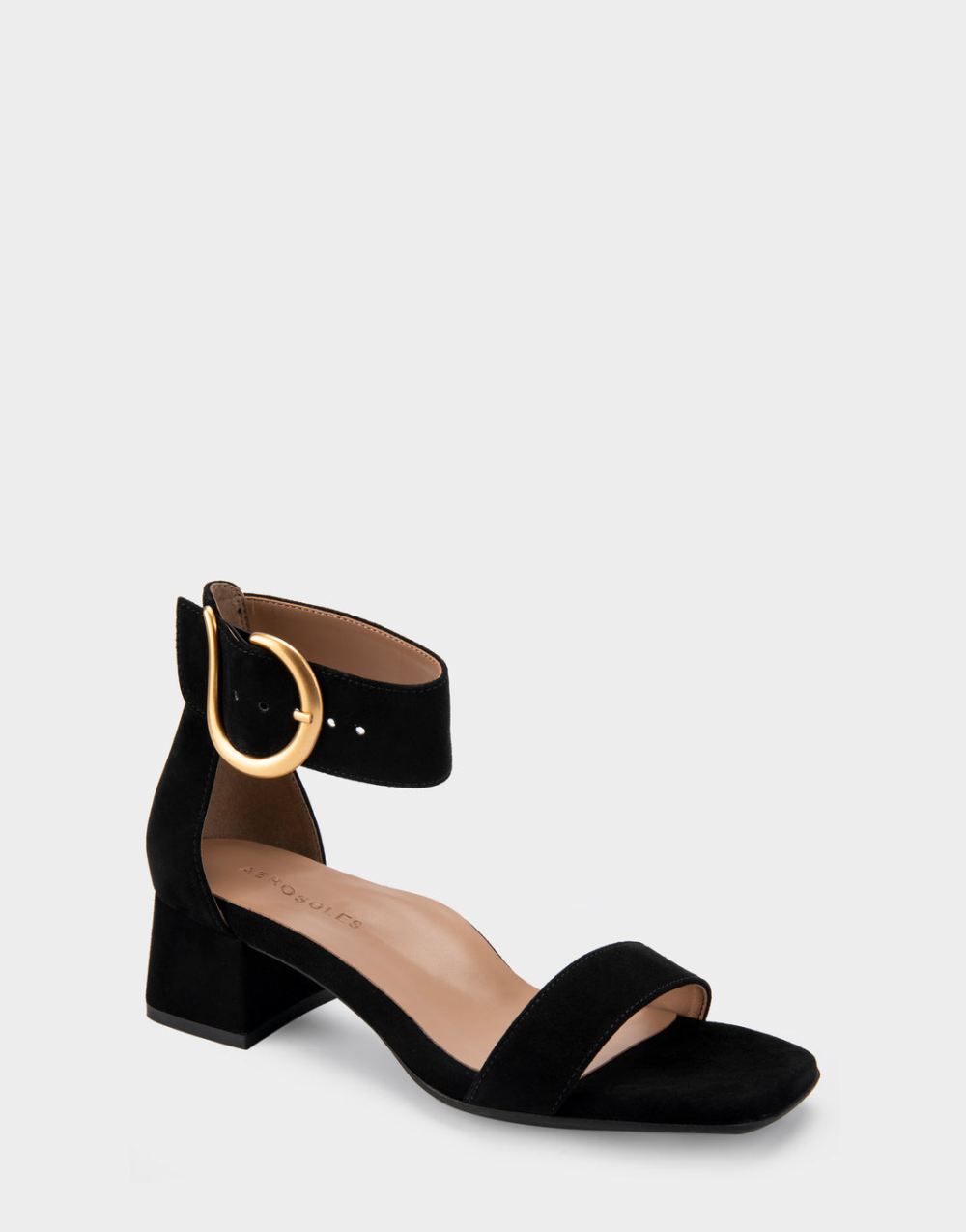 Women's | Eliza Black Genuine Suede Two Piece Mid Heel with Ankle Strap and Buckle