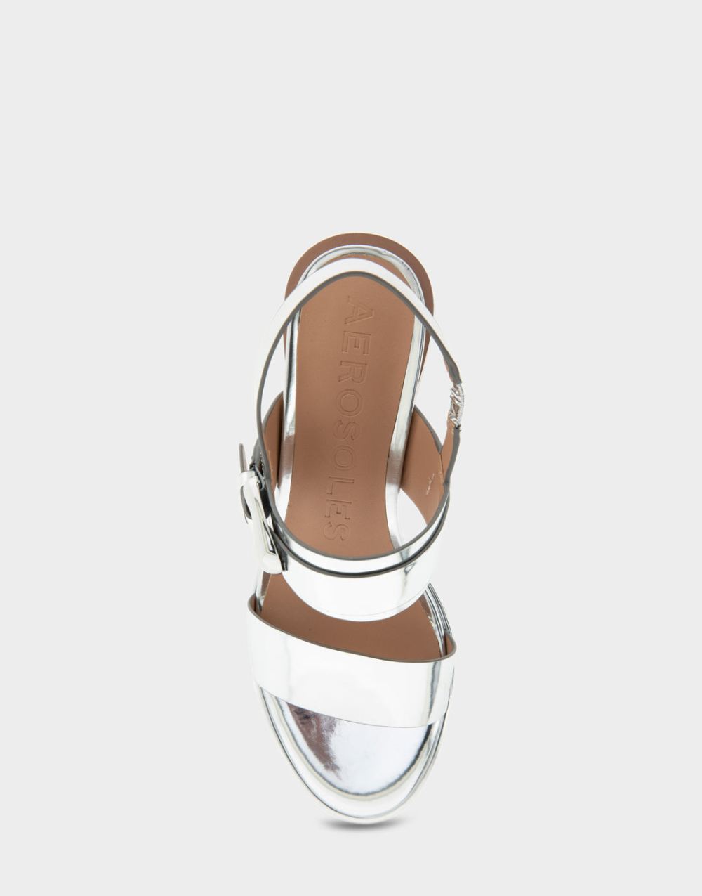 Women's | Nova Silver Mirror Metallic Faux Leather Two Band Slingback Block Heel Sandal