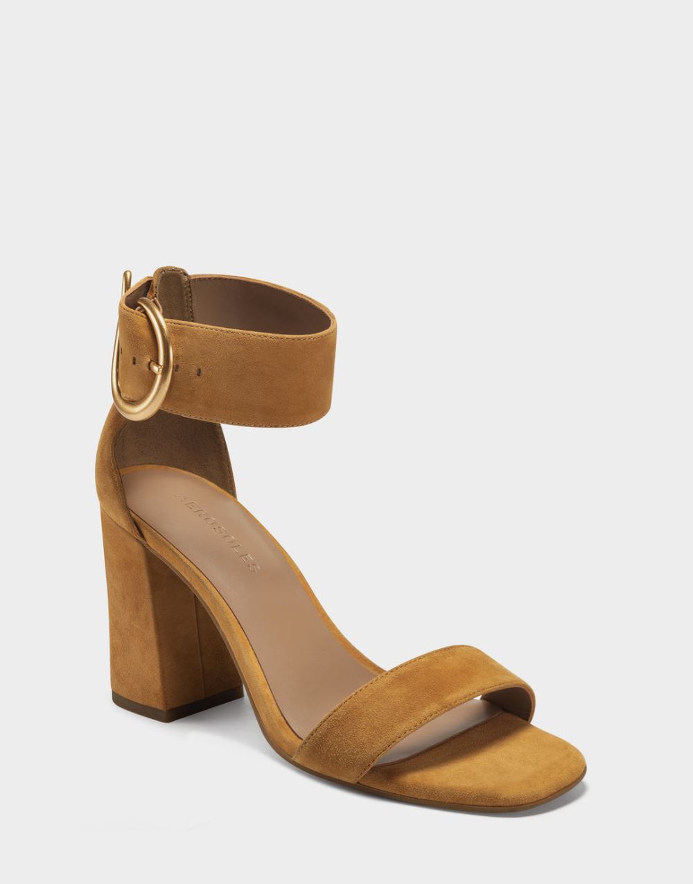 Women's | Tan Suede Two Strap Heel with Ankle Strap and Gold Buckle Landon