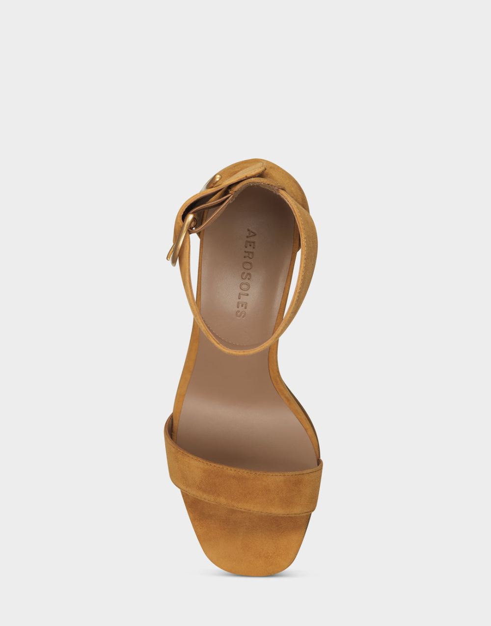 Women's | Tan Suede Two Strap Heel with Ankle Strap and Gold Buckle Landon