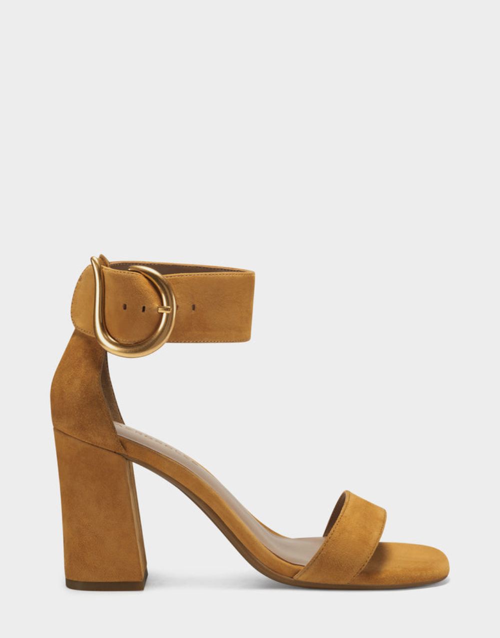 Women's | Tan Suede Two Strap Heel with Ankle Strap and Gold Buckle Landon