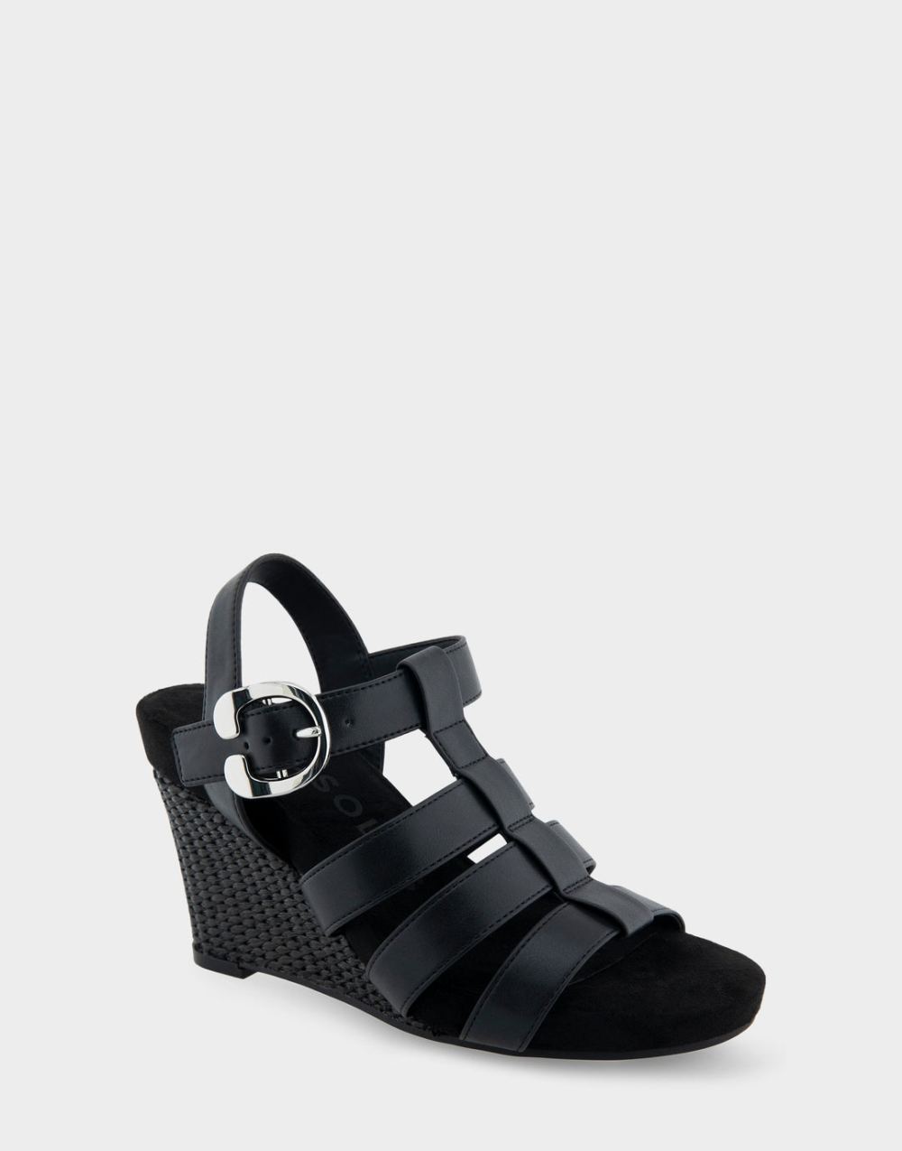 Women's | Paige Black Faux Leather Caged Footbed Wedge Sandal