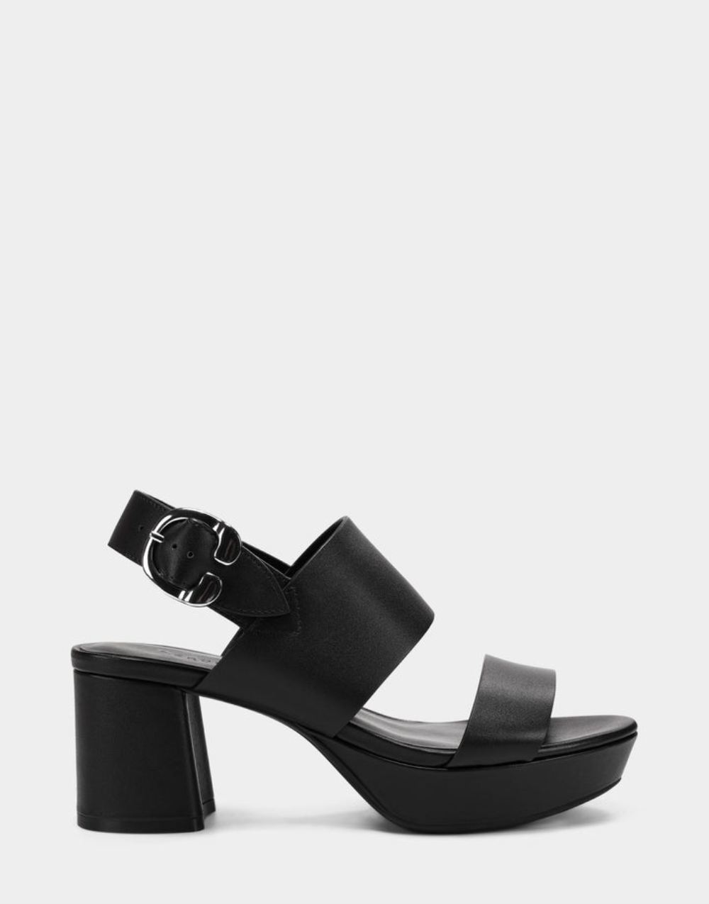 Women's | Camera Black Genuine Leather Platform Block Heel Sandal with Signature Buckle