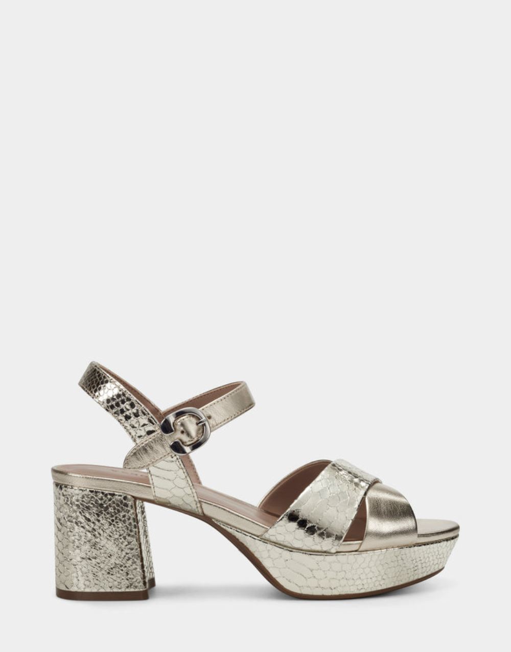 Women's | Soft Gold Genuine Leather Platform Block Heel Sandal with Buckle Cosmos