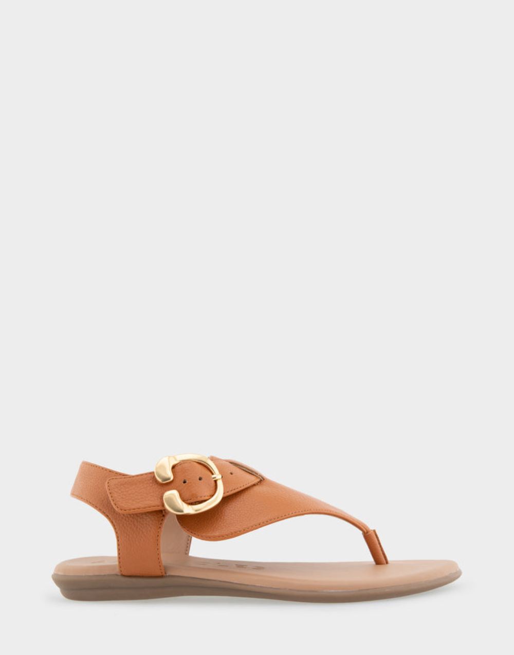 Women's | Isa Tan Grainy Faux Leather Buckle Detail Back Strap Thong Sandal