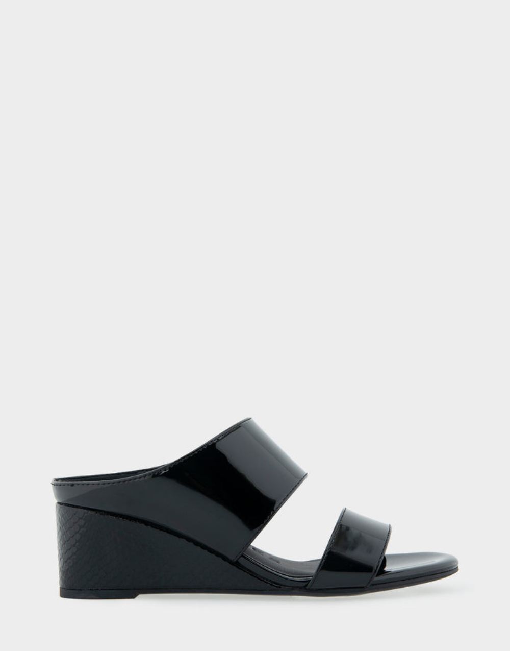 Women's | Wheeler Black Patent Faux Leather Two Band Mid Wedge Slide Sandal