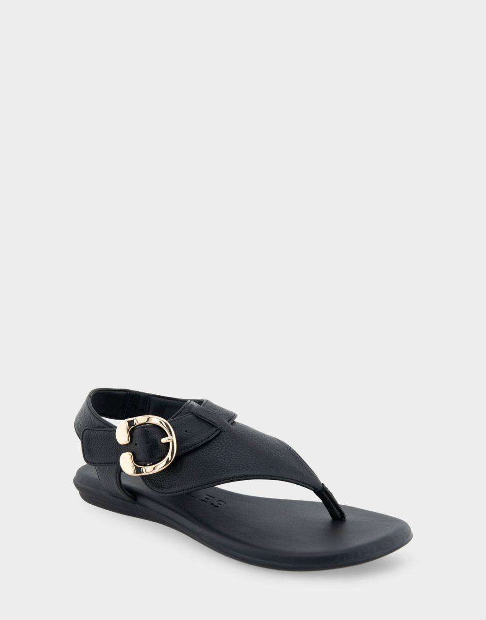 Women's | Isa BLack Grainy Faux Leather Buckle Detail Back Strap Thong Sandal