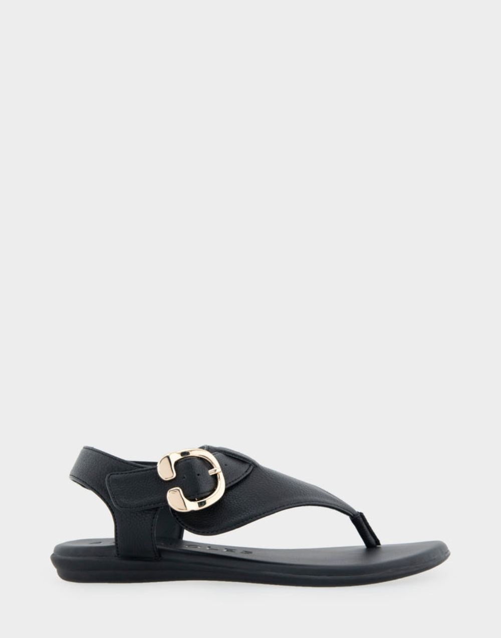 Women's | Isa BLack Grainy Faux Leather Buckle Detail Back Strap Thong Sandal