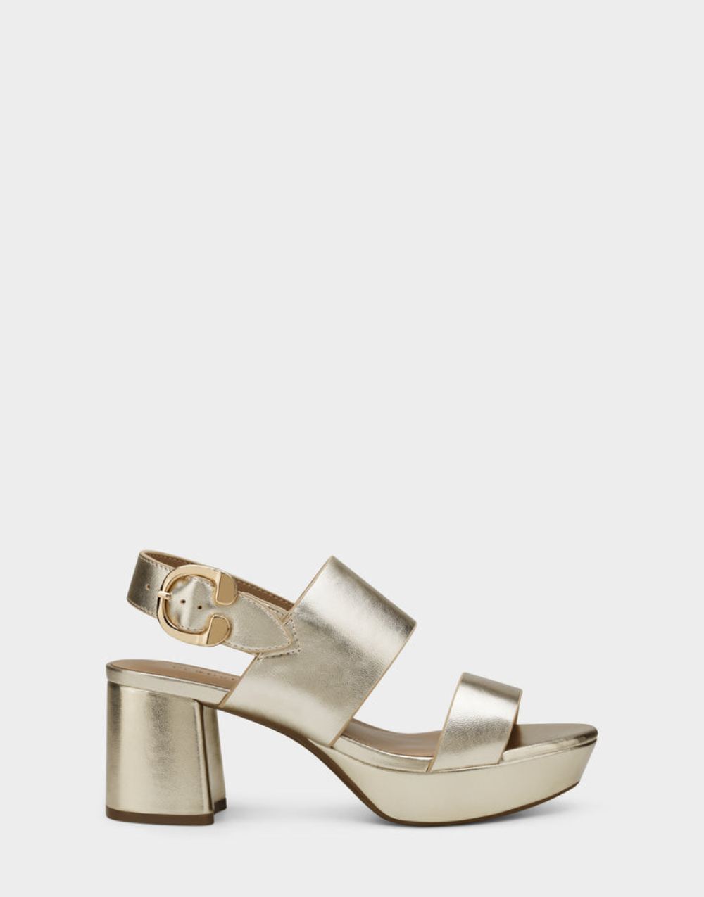 Women's | Camera Gold Metallic Leather Platform Block Heel Sandal with Buckle