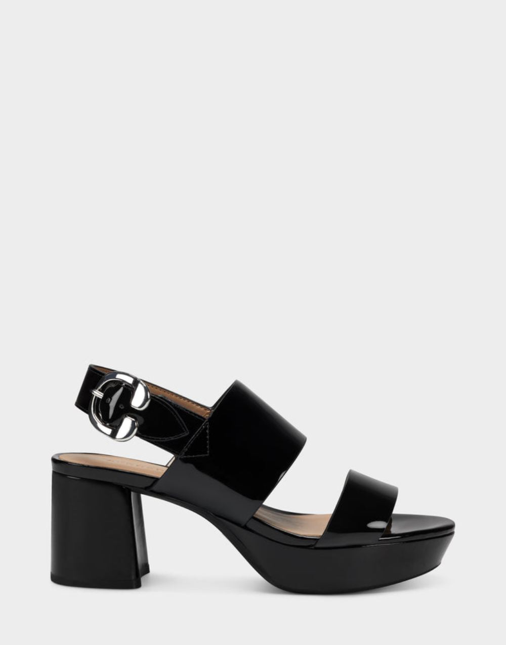 Women's | Camera Black Patent Platform Block Heel Sandal with Signature Buckle