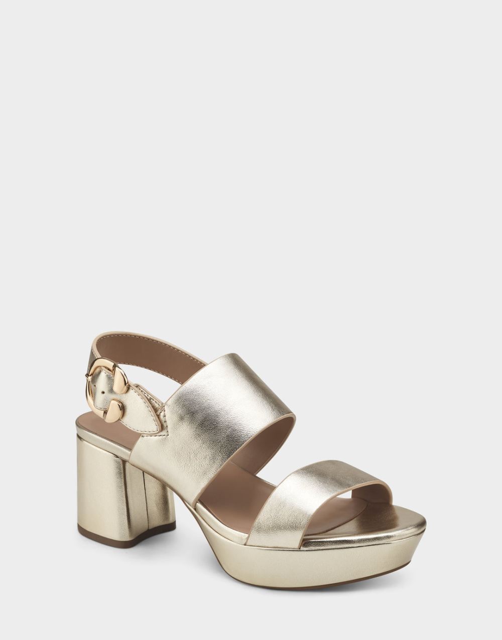 Women's | Camera Gold Metallic Leather Platform Block Heel Sandal with Buckle