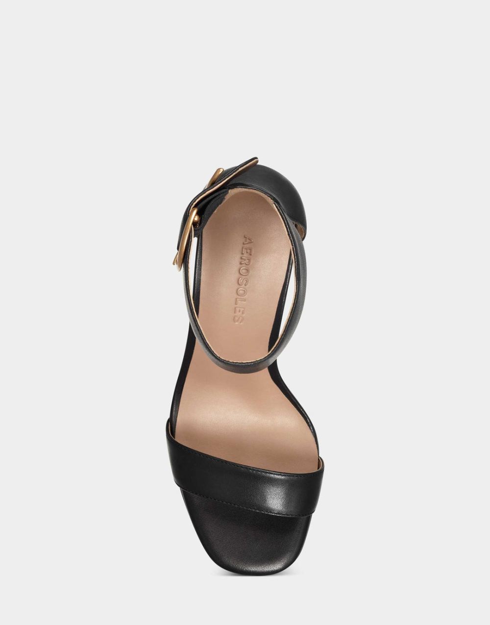 Women's | Black Leather Two Strap Heel with Ankle Strap and Gold Buckle Landon