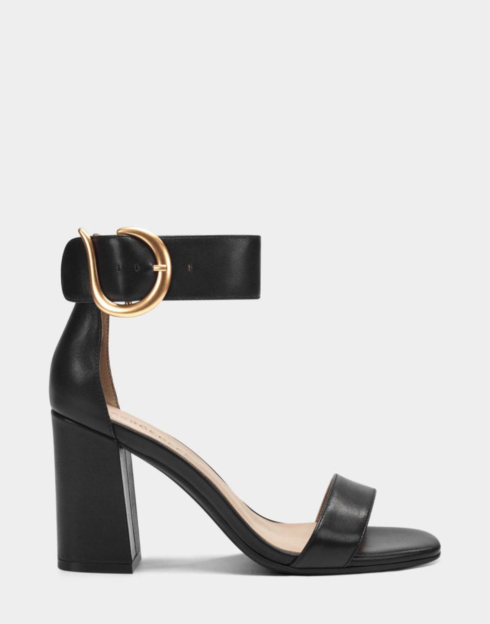 Women's | Black Leather Two Strap Heel with Ankle Strap and Gold Buckle Landon