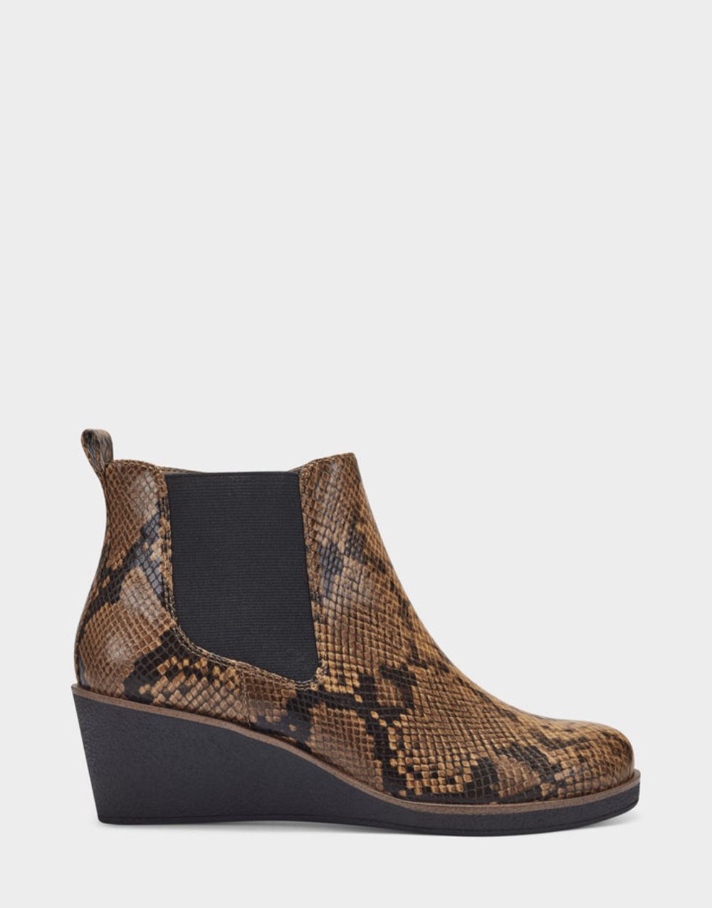 Women's | Brandi Brown Snake Wedge Heel Slip On Bootie with Elastic Goring