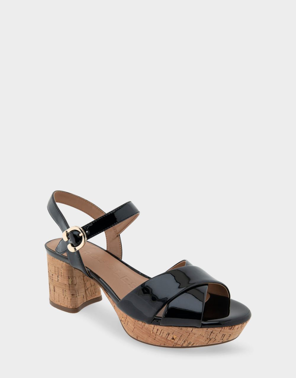 Women's | Black Patent Platform Block Heel Cork Sandal with Buckle Cosmos