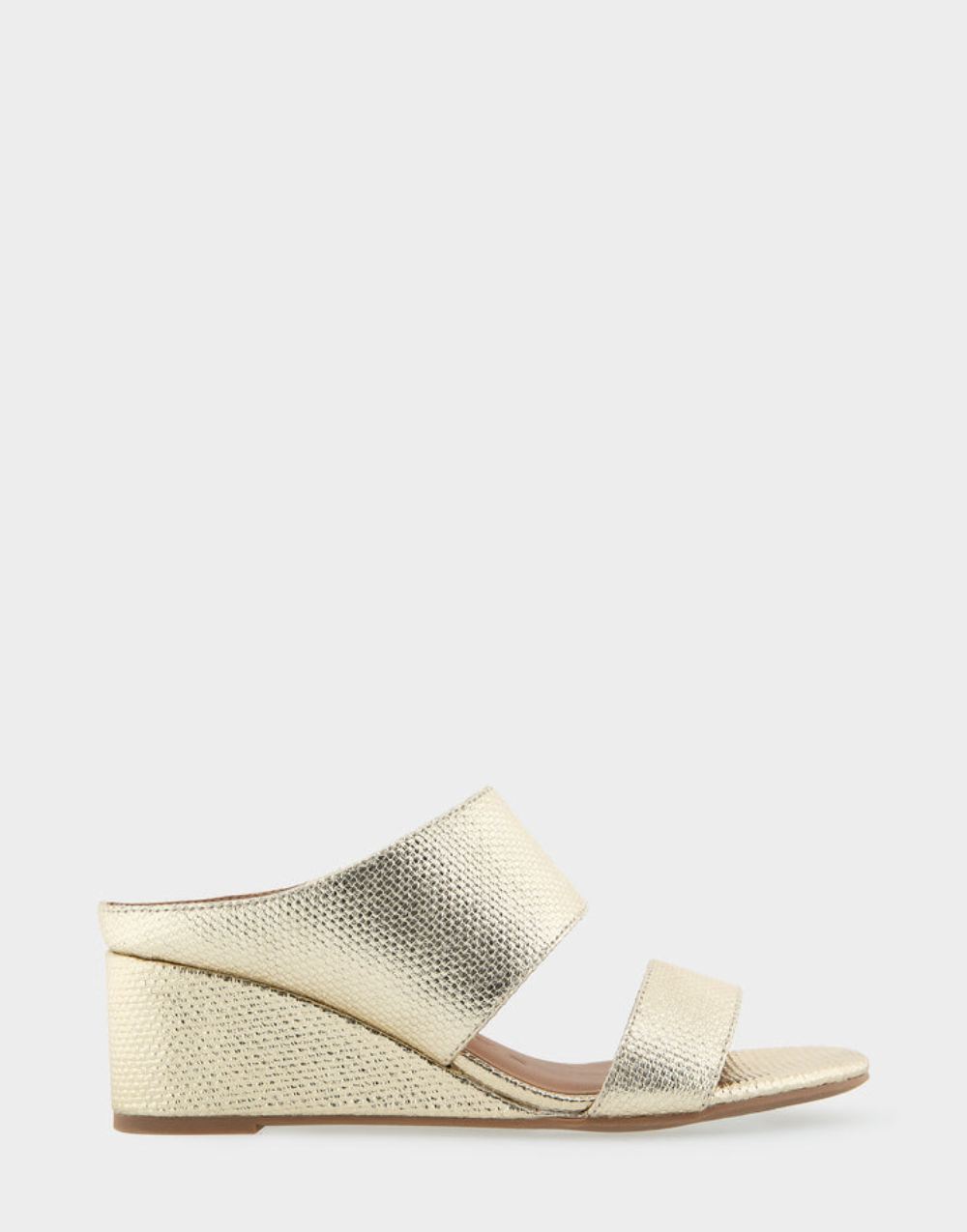 Women's | Wheeler Soft Gold Canvas Faux Leather Two Band Mid Wedge Slide Sandal