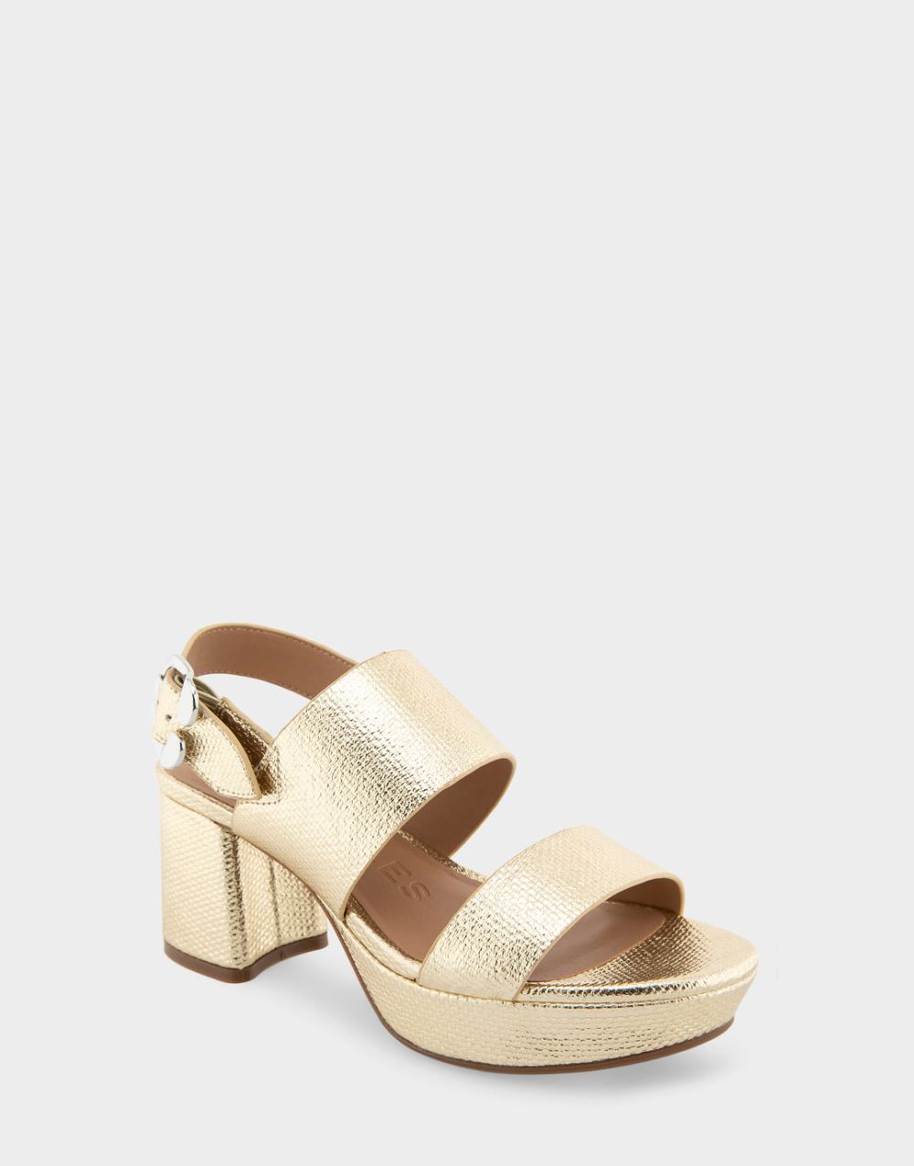 Women's | Camera Soft Gold Canvas Faux Leather Platform Block Heel Sandal with Buckle