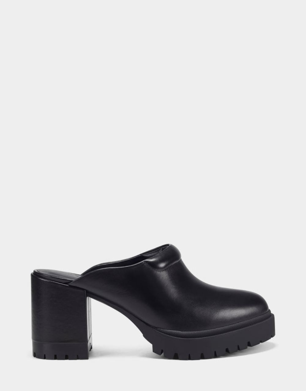 Women's | Black Leather Platform Lug Sole Mule Emon