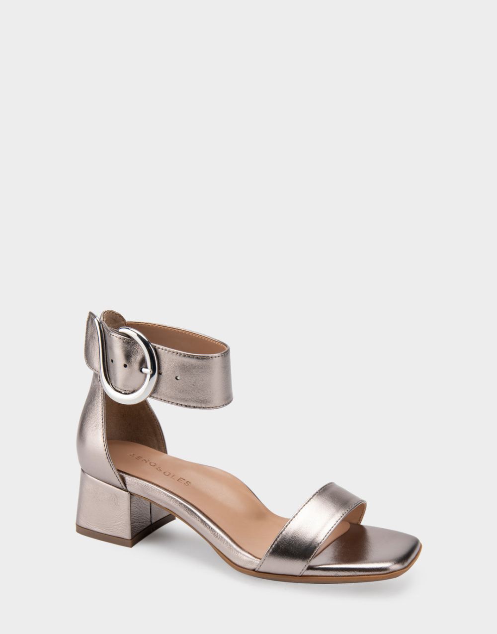 Women's | Eliza Silver Metallic Genuine Leather Two Piece Mid Heel with Ankle Strap and Buckle