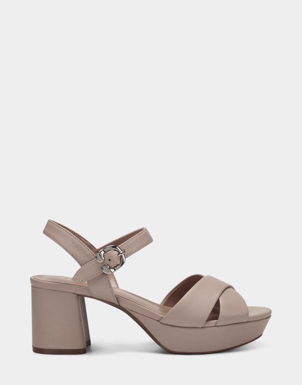 Women's | Beige Leather Platform Block Heel Sandal with Buckle Cosmos